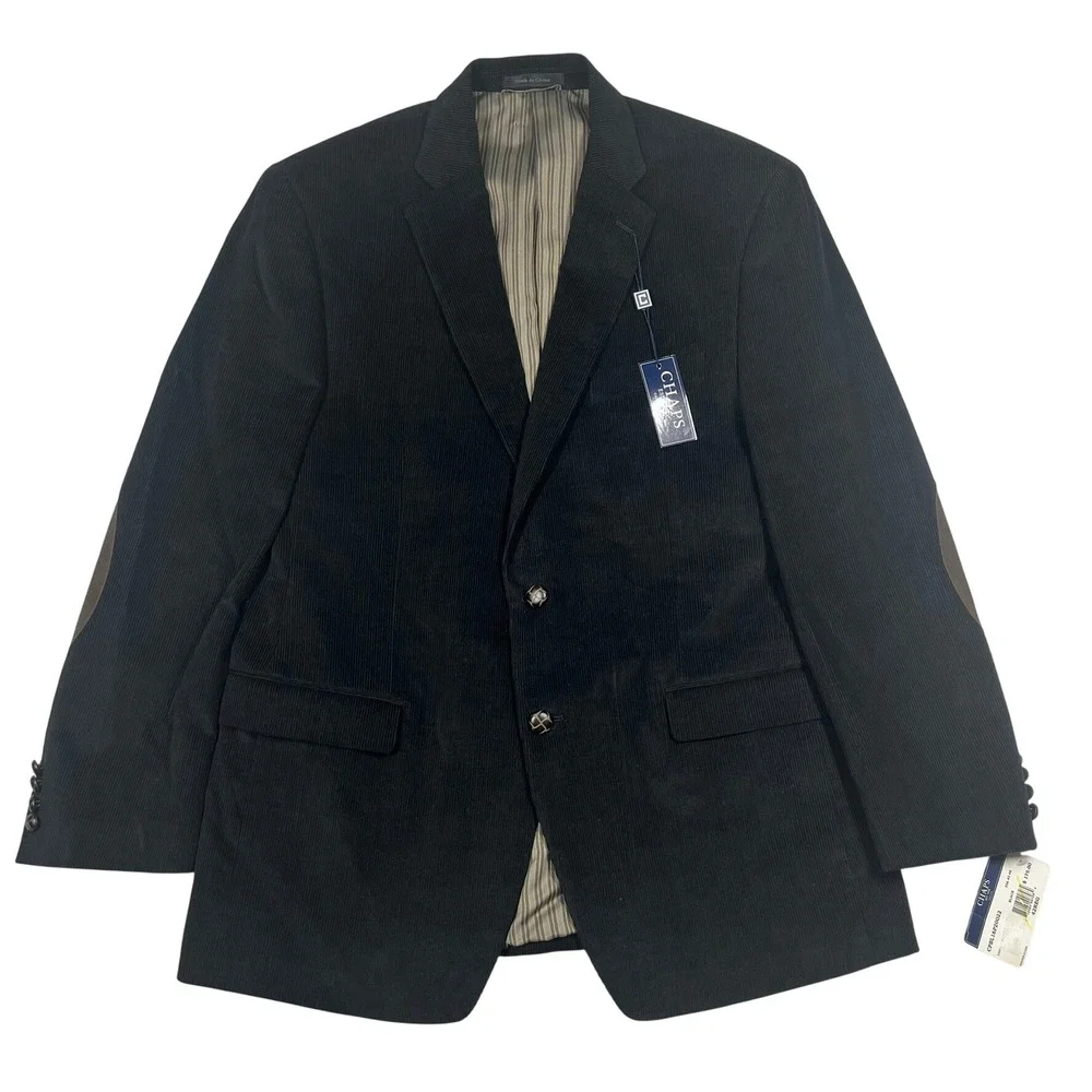 Chaps Corduroy Sport Coat Mens 42R Black Elbow Patches Blazer New